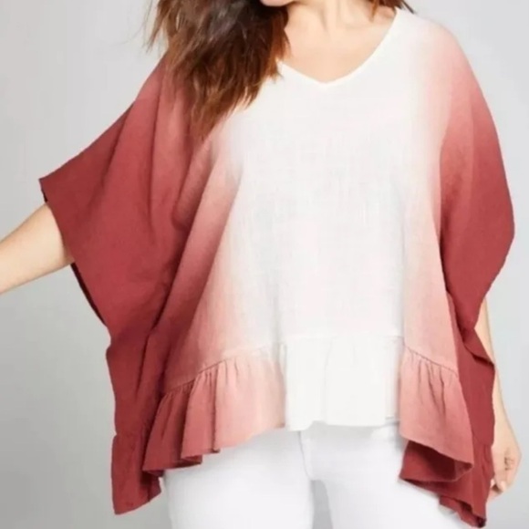 Lane Bryant Red Ombre Ruffle Hem Top Size 18/20 Gauze V-neck Flowy Lightweight - Picture 1 of 11